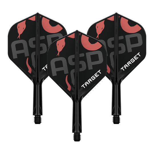 Sistema di alberi di volo standard Target K-Flex Nathan Aspinall No2 Auf dem Bild sind drei schwarze Dartflights mit Schäften zu sehen. Die Flights tragen die Aufschrift "ASP" und "TARGET" sowie ein rotes Schlangenmotiv.