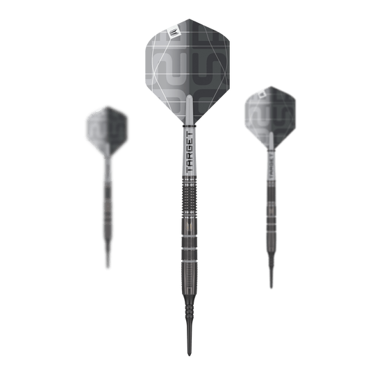 Měkké šipky Target Nathan Aspinall X Echo - 18g Das Bild zeigt drei Target Nathan Aspinall X Echo Softdarts mit einem Gewicht von 18g. Die Darts haben ein modernes, silbergraues Design und sind deutlich mit dem Markennamen "TARGET" beschriftet.