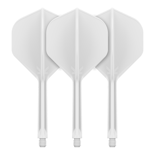 Target K-Flex No2 Standard Flight-System - Weiss Auf dem Bild sind drei weiße Dartflights mit Schaft zu sehen. Sie stehen nebeneinander und haben eine klassische, standardmäßige Form.
