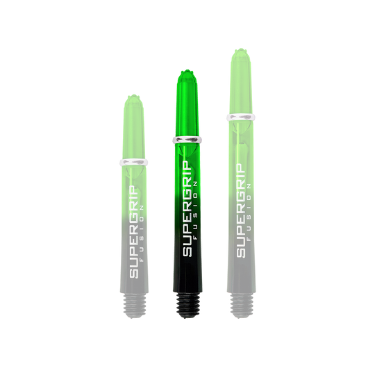 HR340_Harrows_Supergrip_Fusion_Shafts_Gr-n_40mm_1n51RZL1WLzsbA Das Bild zeigt drei grüne Harrows Supergrip Fusion Shafts in unterschiedlichen Längen. Die Schrift "SUPERGRIP FUSION" ist deutlich auf jedem Shaft zu sehen.