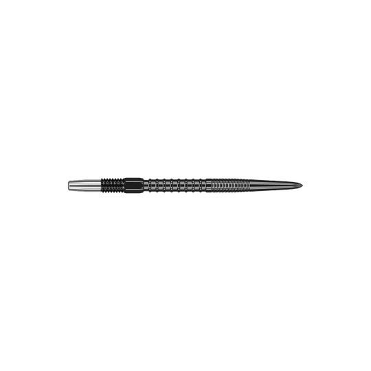 Puntas de dardos Target Swiss Firepoint Black Dies ist eine schwarze Dartspitze mit einem geriffelten Schaft. Sie ist lang und schlank geformt und misst 30 mm.