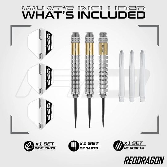 Red Dragon Gian Van Veen Messing Steeldarts - 21 g Hier sieht man die Red Dragon Gian Van Veen Brass Steeldarts - 21 g. Die Darts bestehen aus Messing und sind 21 g schwer.