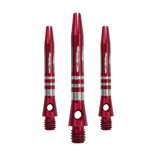 Ringed Diamond Cut Aluminium Shafts - Rot - 35 mm Das Bild zeigt ein Set der Ringed Diamond Cut Aluminium Shafts - Rot - 35 mm. Mehrere rote Aluminium-Dartschäfte liegen nebeneinander.
