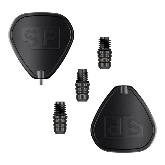 Convertisseur Target Swiss Point 2BA - Noir Das Bild zeigt den Target Swiss Point 2BA Converter in Schwarz. Es sind zwei schwarze Adapter und drei kleine Verbindungsteile abgebildet.