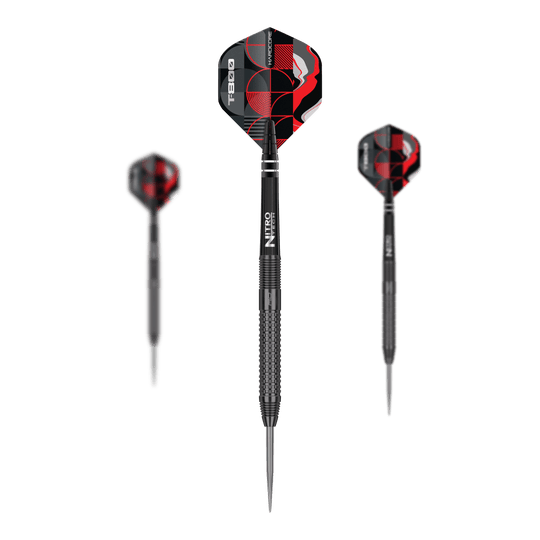 Dardos de acero Red Dragon T-800 Das Bild zeigt drei Red Dragon T-800 Steeldarts mit schwarzem Schaft und rot-schwarzen Flights. Die Darts sind modern und robust gestaltet, ideal für Präzisionswürfe.