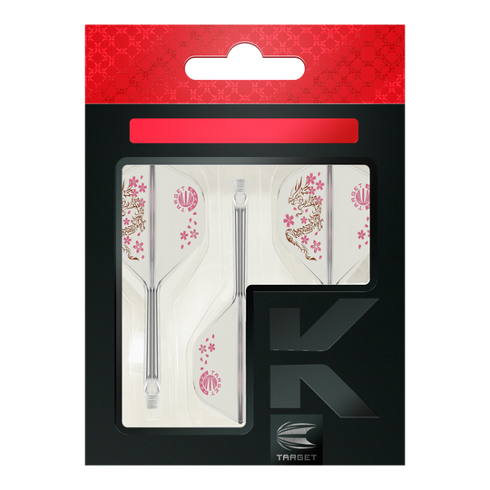 Target Japan K-Flex Smash No2 Standard Flight-Shaft-System Das Bild zeigt das Produkt "Target Japan K-Flex Smash No2 Standard Flight-Shaft-System" in der Originalverpackung. Die Flights sind mit einem Drachen- und Kirschblütenmuster verziert.
