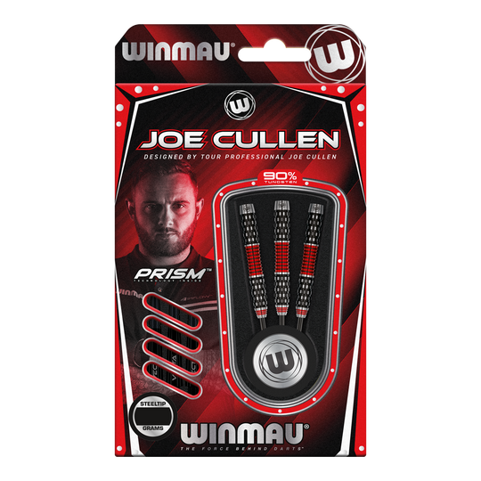 Šipky Winmau Joe Cullen Rockstar Series RS1 ocelové Die Verpackung zeigt die "Winmau Joe Cullen Rockstar Series RS1 Steeldarts". Im Inneren sind drei schwarz-rote Steeldarts zu sehen, die von Profispieler Joe Cullen entworfen wurden.