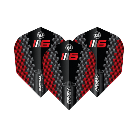 Voli Winmau Prism Alpha Blade 6 Chevron No6 Das Bild zeigt drei Dart-Flights des Modells "Winmau Prism Alpha Blade 6 Chevron No6". Die Flights haben ein schwarzes Design mit roten und silbernen Karomustern sowie der Aufschrift „6“ und „PRISM ALPHA“.