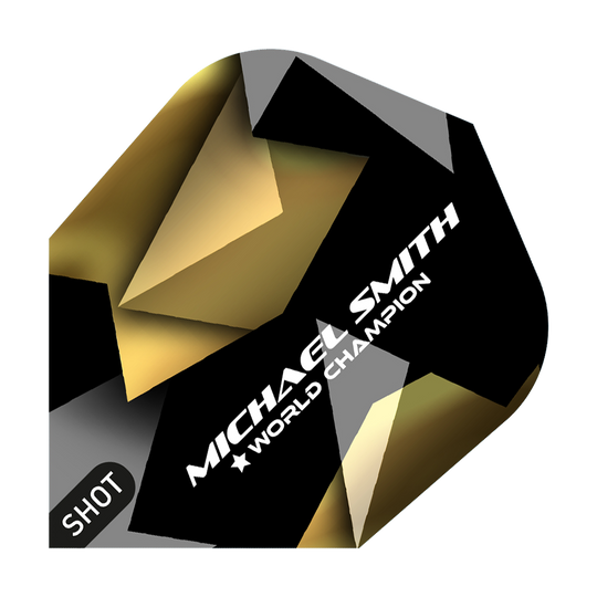 Shot Michael Smith Believe No6 Flights Das Bild zeigt ein Dart-Flight mit dem Namen "Shot Michael Smith Believe No6 Flights". Auf dem Flight sind die Worte "Michael Smith World Champion" sowie ein modernes, gold-schwarzes Design zu sehen.