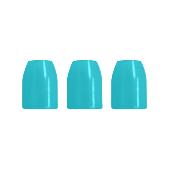 LSF7_L-Style_Champagne-Ringe_Hellblau_2 Das Bild zeigt drei hellblaue, zylindrische Objekte in einer Reihe. Sie haben eine glatte, glänzende Oberfläche.