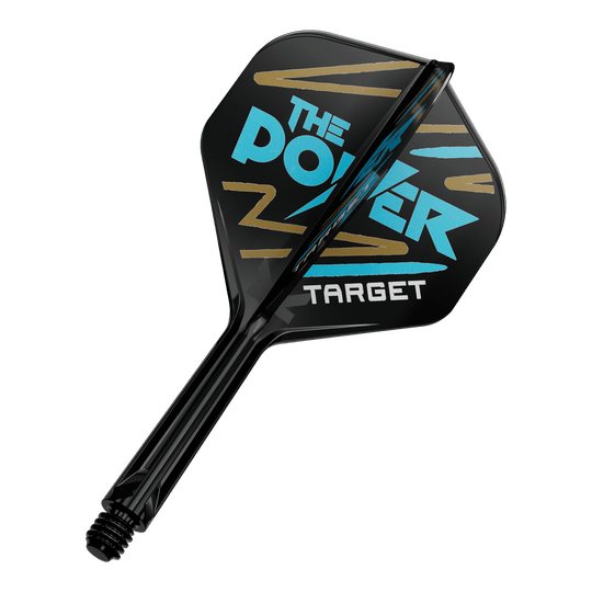 Das Bild zeigt einen Dartpfeil mit schwarzem Flight und blauer sowie goldener Aufschrift. Auf dem Flight steht "THE POWER TARGET" in auffälligen Buchstaben.