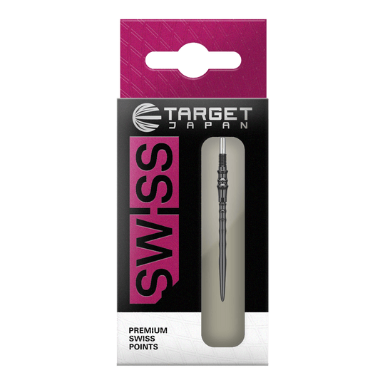 Das Bild zeigt die Target Japan Premium Swiss Point Steldartspitzen - Schwarz. Es handelt sich um hochwertige Steeldartspitzen für präzises Dartspiel.