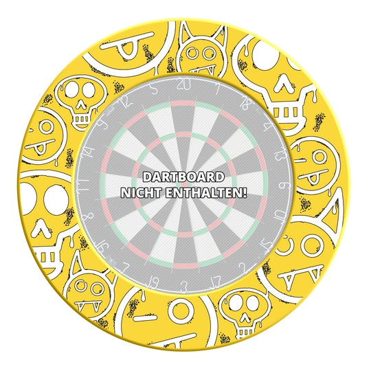 McDart Graffiti Emojis Dartboard Surround Das Foto zeigt das Produkt mit dem Dateinamen MSF-A6_McDart_Graffiti_Emojis_Dartboard_Surround_Gelb_3. Es handelt sich um einen gelben Dartboard Surround mit Graffiti Emojis.
