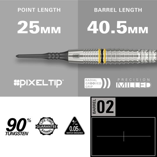 Dardos blandos Target Scott Williams GEN2 - 18 g Das Bild zeigt die Target Scott Williams GEN2 Softdarts mit einer Spitzenlänge von 25 mm und einer Barrel-Länge von 40,5 mm. Der Dart besteht zu 90 % aus Tungsten und verfügt über eine präzise gefräste, radial gerillte Griff-Fläche.