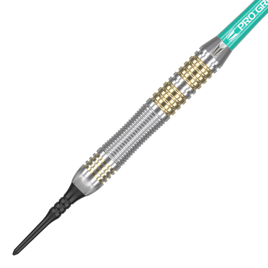Šipky Target Rob Cross Brass Soft - 18g Das Bild zeigt einen Target Rob Cross Brass Softdart mit einem Gewicht von 18 Gramm. Der Dartpfeil hat ein silbernes und goldenes Rillen-Design sowie eine schwarze Kunststoffspitze.