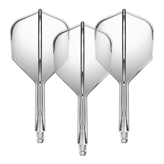 GOAT A1R No6 Flight Shaft System - Clear Das Bild zeigt drei durchsichtige Dartflügel mit Schäften. Sie sind gleichmäßig nebeneinander angeordnet und stechen durch ihr klares Design hervor.