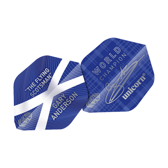 UN18_69040_Unicorn_UltraFly75_Gary_Anderson_World_Champion_AR1_Flights_2 Das Bild zeigt die blauen Dart-Flights "Unicorn Ultra Fly 75 Gary Anderson World Champion AR1". Auf den Flights stehen die Aufschriften "THE FLYING SCOTSMAN", "GARY ANDERSON" und "WORLD CHAMPION" sowie das Unicorn-Logo.