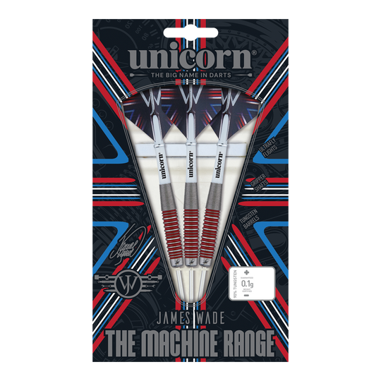 Dardos de acero al 90% de James Wade, Unicorn The Machine Das Bild zeigt eine Verpackung mit drei Steeldarts der Marke "Unicorn" aus der "James Wade The Machine Range". Die Darts bestehen zu 90% aus Tungsten und haben rote und silberne Akzente.