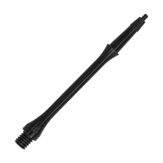 Das Bild zeigt einen schwarzen Harrows Clic Slim Shaft für Darts. Der Schaft hat ein schlankes, elegantes Design aus Kunststoff.