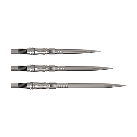 Harrows Quick Point Apex Axis Elite Series Dartspitzen - Silber Dartspitzen der Serie Apex Axis Silver Elite sind abgebildet. Sie sind silberfarben und filigran gearbeitet.