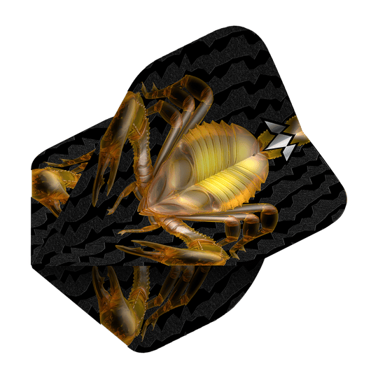 Standardní lety Mission Solo Scorpion No2 Das Bild zeigt ein schwarzes Dartflugblatt mit einem goldenen Skorpion-Design in der Mitte. Im Hintergrund sind wellenförmige Muster zu sehen.