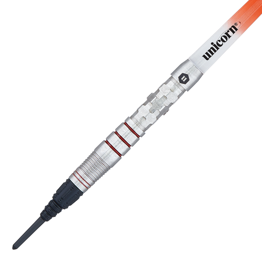 Unicorn Ballista Style 3 freccette morbide Das Bild zeigt einen Unicorn Ballista Style 3 Softdart. Der Dart hat ein silbernes Barrel mit roten Ringen und einer schwarzen Softspitze.