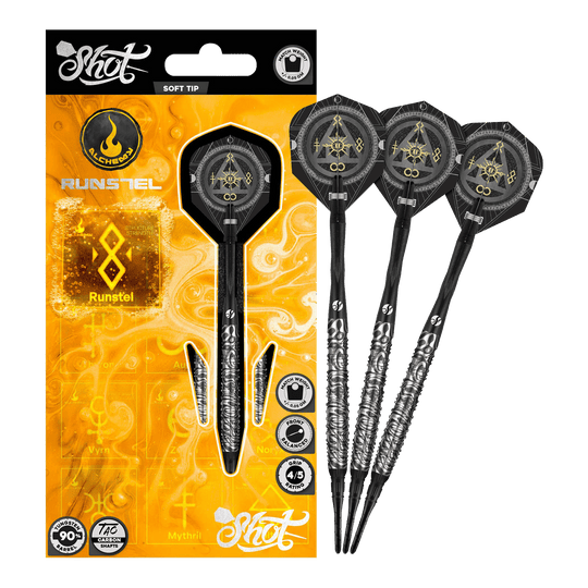 Měkké šipky Shot Alchemy Runstel - 20g Das Bild zeigt die Shot Alchemy Runstel Softdarts mit 20 Gramm Gewicht. Die Darts sind vollständig und detailliert abgebildet.