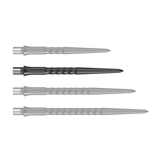 Pointes Caliburn System Steeldart - Ripple - NoLip - Noires Auf dem Bild ist eine schwarze Steeldartspitze mit Ripple NoLip Design, 32 mm lang, zu sehen. Sie ist Teil des Caliburn Evo Systems.