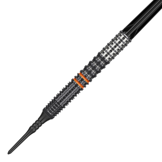 Fléchettes souples Target Japan Black Marque Morpheus GEN2 - 19 g Das Bild zeigt einen Softdart namens "Target Japan Black Marque Morpheus GEN2" mit einem Gewicht von 19g. Der Dartpfeil hat ein schwarzes, geriffeltes Design mit silbernen und orangefarbenen Akzenten.