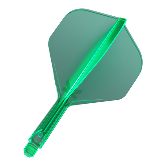 Target K-Flex No2 Standard Flight System - Verde Das Bild zeigt ein grünes Dartflight mit integriertem Schaft. Es hat eine standardmäßige, leicht transparente Form.