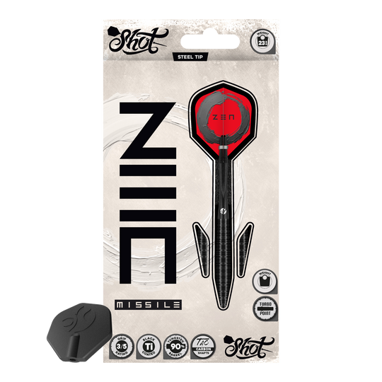 Shot ZEN Missile Turbo Point Steeldarts - 23g Das Bild präsentiert die Shot ZEN Missile Turbo Point Steeldarts - 23g. Diese sind besonders präzise und griffig gestaltet.