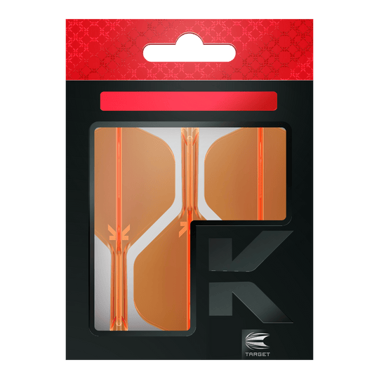 Standardní letový systém Target K-Flex No2 - neonově oranžový Die Abbildung zeigt eine Packung mit orangenen Dart-Flights der Marke Target. Die Verpackung ist überwiegend schwarz mit einem roten oberen Abschnitt.