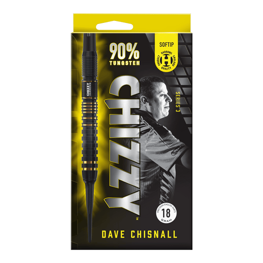 Fléchettes souples Dave Chisnall Chizzy Series 3 de Harrow Das Bild zeigt die Verpackung der "Harrows Dave Chisnall Chizzy Series 3 Softdarts". Auf der Verpackung stehen Informationen wie "90% Tungsten", "Softtip" und das Gewicht von 18 Gramm.