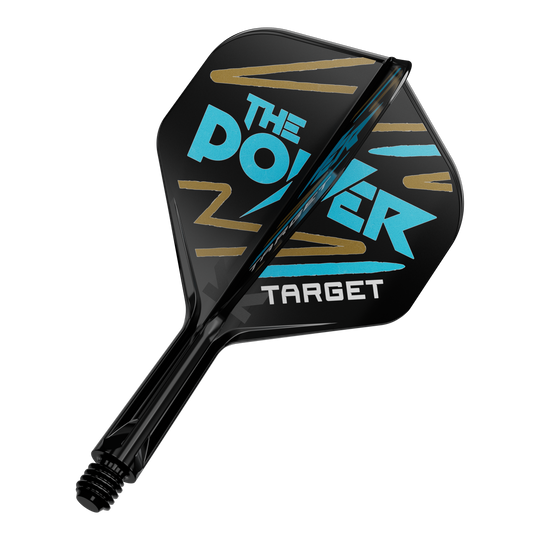 Systém standardní letové hřídele Target K-Flex Phil Taylor No2 Das Bild zeigt einen schwarzen Dartflight mit der Aufschrift "THE POWER" in blauer Farbe. Darunter steht das Wort "TARGET" in weißer Schrift.