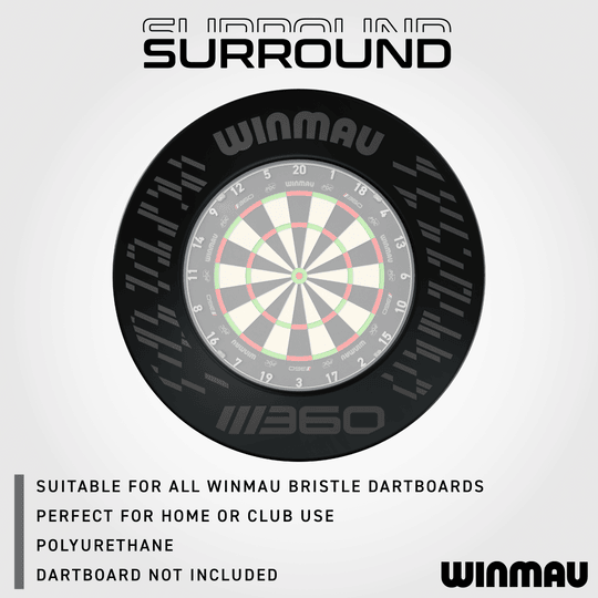 Obložení terče Winmau Blade 360 - černé Das Bild zeigt das Winmau Blade 360 Dartboard Surround in Schwarz. Es ist eine praktische Ergänzung zum Schutz der Wände beim Dartspielen.