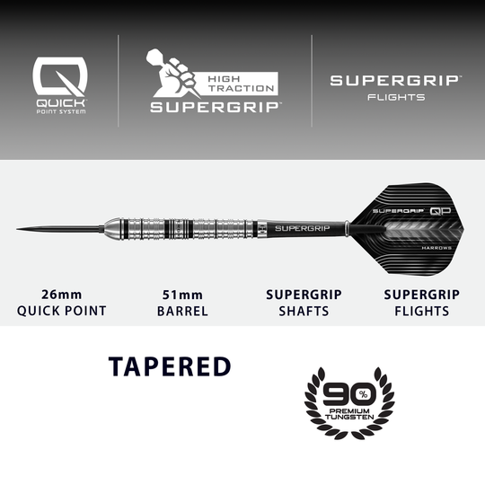 Fléchettes en acier Harrows Supergrip à pointe rapide conique Abgebildet sind die Harrows Supergrip QP Tapered Quick Point Steeldarts. Sie eignen sich ideal für ein präzises Dartspiel.