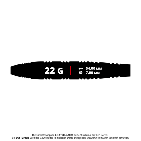 Fléchettes en acier laiton Mission Javan - 22 g Das Bild zeigt die Maße und das Gewicht des Produkts "Mission Javan Brass Steeldarts - 22g". Der Dart wiegt 22 Gramm, ist 54,00 mm lang und hat einen Durchmesser von 7,90 mm.