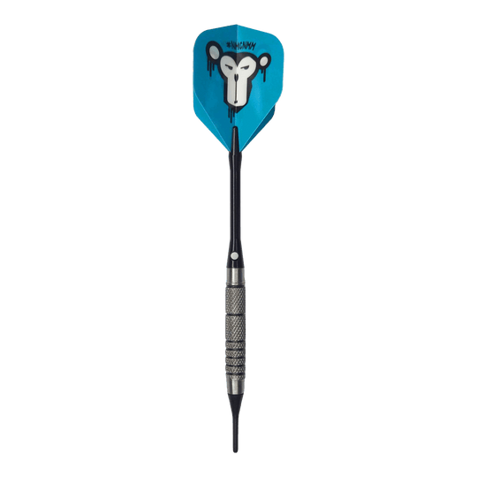 Dardos blandos McDart 85 Tungsten V10 - 17,5 g Der McDart 85er Tungsten V10 Softdart wiegt 17,5 Gramm und hat einen schwarzen, geriffelten Griff. Die blaue Flight zeigt ein Affengesicht mit künstlerischem Design.