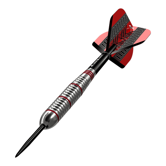 Dardos Mission Rogue de latón y acero - 22 g Das Bild zeigt einen Mission Rogue Brass Steeldart mit einem Gewicht von 22g. Der Dartpfeil hat ein silbernes Griffstück mit roten Akzenten und rote Flights.