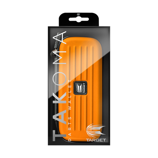 125823_Target_Takoma_Dartwallet_Orange_3 Das Bild zeigt eine orangefarbene Darttasche namens "Target Takoma Dartwallet" in ihrer Verpackung. Auf der Verpackung sind der Markenname Target und der Produktname deutlich zu sehen.