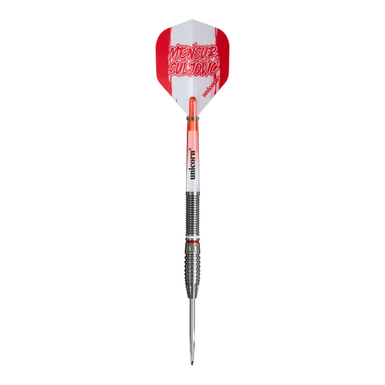 Auf diesem Bild sind die Unicorn Mensur Suljovic The Gentle Steeldarts - 23g abgebildet. Die Darts sind für präzises und kontrolliertes Spielen ausgelegt.