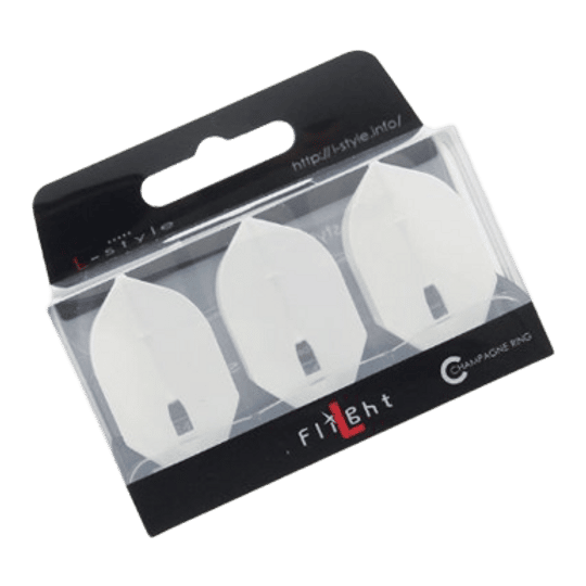 L-Style L5PRO Rocket Flights Das Bild zeigt eine Packung mit drei weißen L-Style L5PRO Rocket Flights. Die Flights sind ordentlich nebeneinander in einer durchsichtigen Verpackung angeordnet.