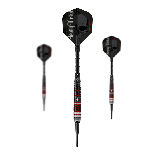 Harrow's Ryan Searle Heavy Metal Series 2 soft darts Das Bild zeigt drei Softdarts der Serie "Harrows Ryan Searle Heavy Metal Series 2". Die Darts haben ein schwarzes Design mit roten und silbernen Akzenten sowie einen Schädel auf dem Schaft.