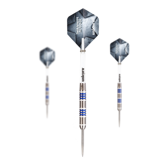 Unicorn Silver Star Var.4 Gary Anderson Steeldarts Abgebildet ist ein Set Unicorn Silver Star Var.4 Gary Anderson Steeldarts. Das Set besteht aus mehreren silbernen Darts mit Flights.