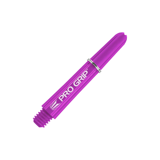 Tiges Target Pro Grip - 3 jeux - Violet Dies ist ein lila Dart-Schaft mit der Aufschrift "PRO GRIP". Er hat eine Länge von 34 mm und einen silbernen Ring.