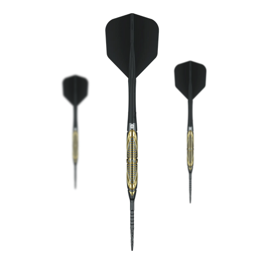 Freccette in acciaio Caliburn Halo H2 - 22,5 g Auf dem Foto sind die Caliburn Halo H2 Steeldarts - 22,5g als komplettes Set zu sehen. Die Steeldarts liegen nebeneinander angeordnet.