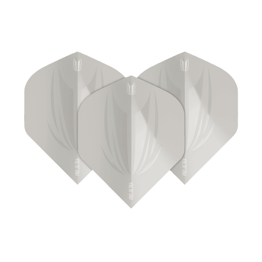 TG416_Target_ProUltra_ID_Grey_No2_Standard_Flights_19hWHhzA2IPzxE Das Bild zeigt drei graue Dartflights des Modells "Target ProUltra ID Grey No2 Standard Flights". Die Flights haben ein modernes, dezentes Design mit weißen Akzenten und dem "Pro Ultra"-Schriftzug.