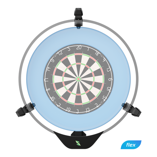 Scolia Home 2 FLEX - Elektronický systém automatického bodování 2026 Das Bild zeigt das Produkt "Scolia Home 2 FLEX - Electronic Score System". Es handelt sich um ein elektronisches Punktesystem für eine Dartscheibe, das von einem runden Rahmen mit blauer Beleuchtung umgeben ist.