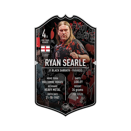 Carte de fléchettes ultime - Ryan Searle Das Bild zeigt die „Ultimate Darts Card“ von Ryan Searle. Auf der Karte sind Informationen zu seinem Spitznamen, Geburtsdatum, Herkunft und Erfolgen im Dartsport zu sehen.