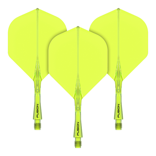 Sistema di alberi di volo Winmau Fusion standard giallo Das Bild zeigt drei gelbe Dartflights mit Schaftsystem. Auf den Schäften steht das Wort "FUSION" geschrieben.